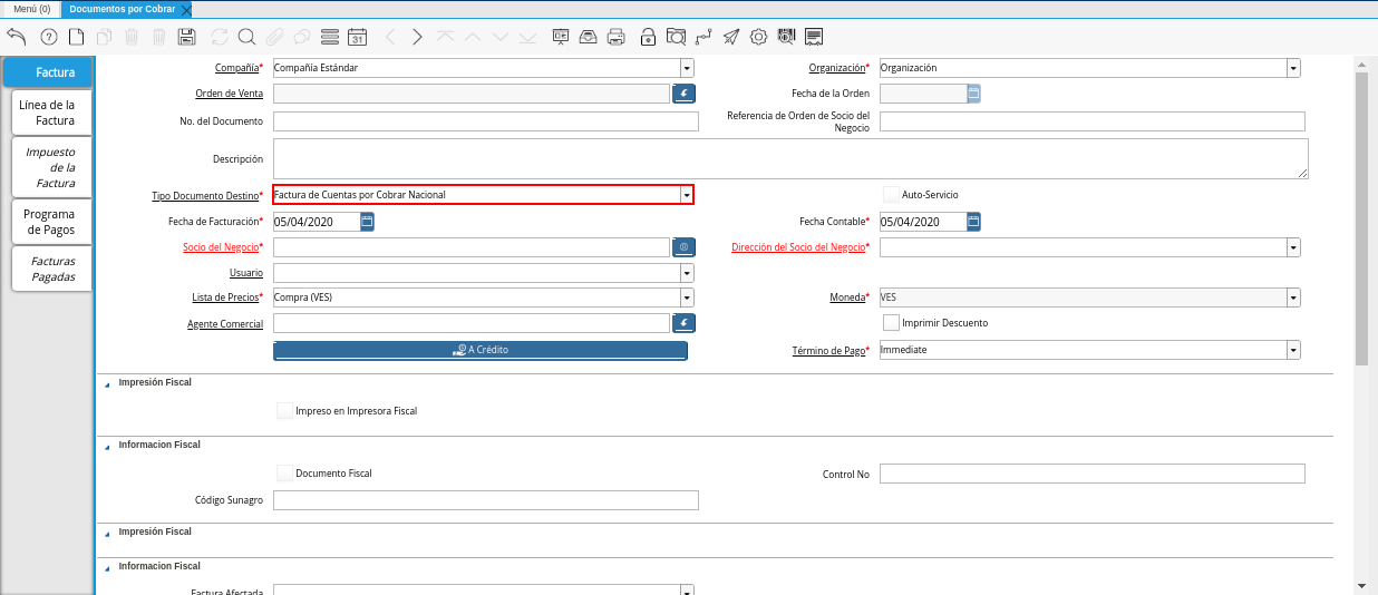 Campo Tipo de Documento Destino