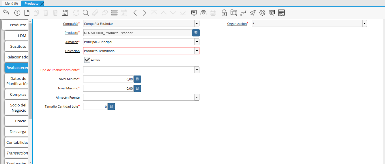 Campo Ubicación Reabastecer