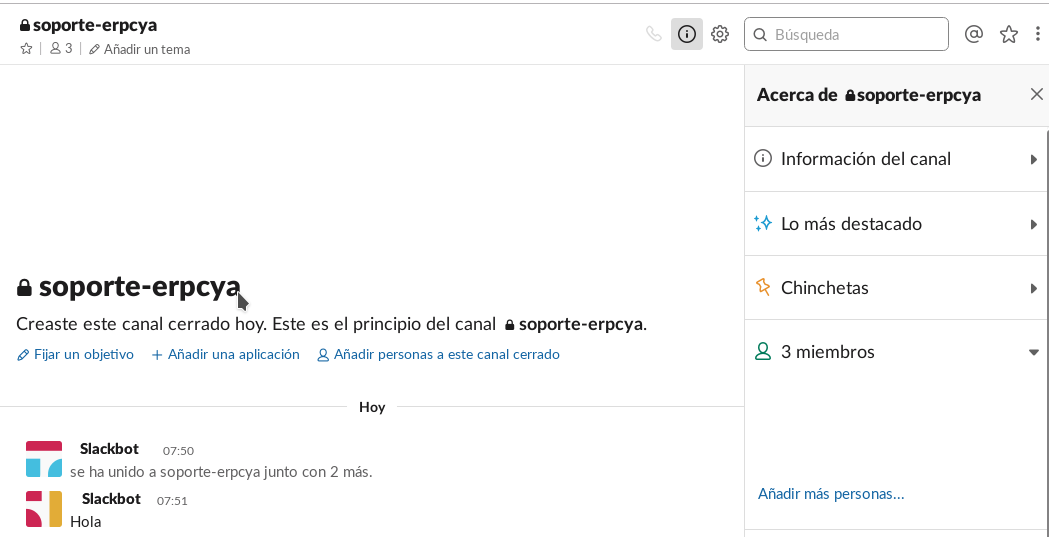 Canal de Soporte a Empresa ERP en Slack
