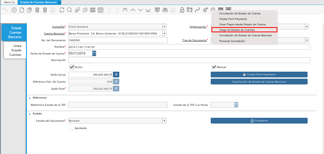 Opción Carga de Estado de Cuentas del Icono Proceso