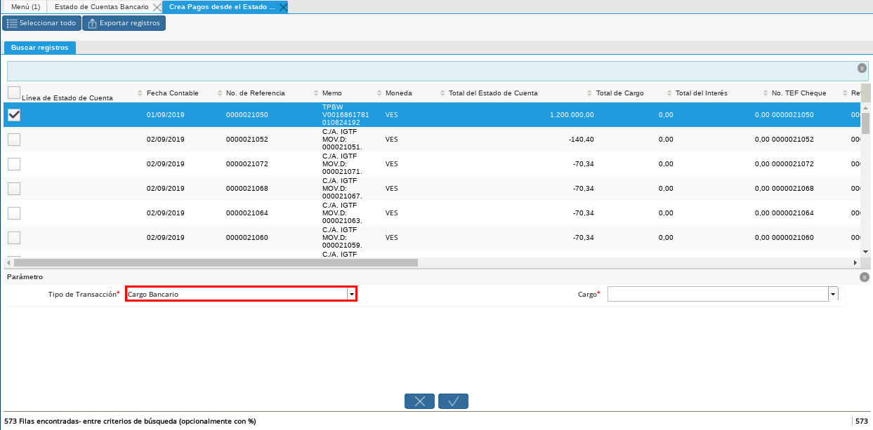 Opción Cargo Bancario del Campo Tipo de Transacción