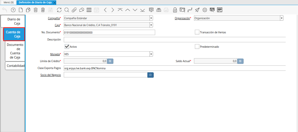 Pestaña Cuenta de Caja de la Ventana Definición de Diario de Caja