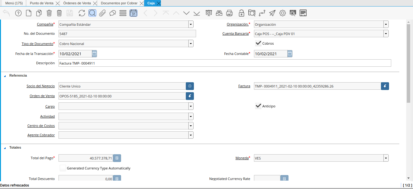 Documento de Cobro Generado en Caja