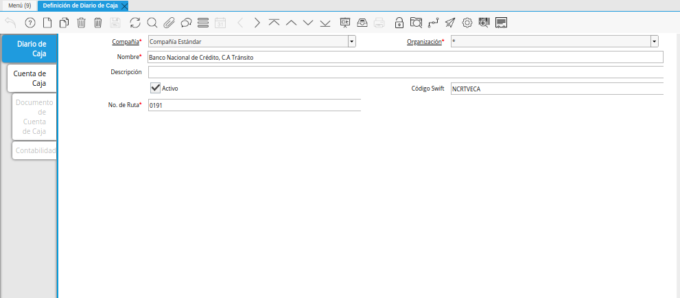 Ventana Definición de Diario de Caja