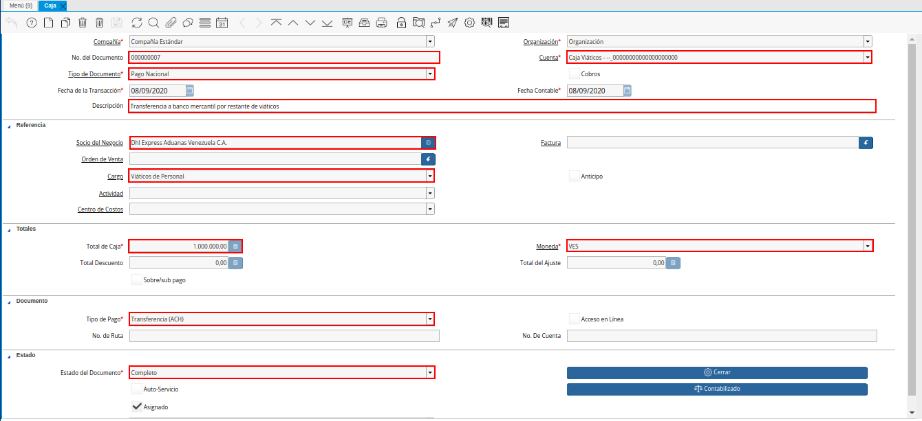 egreso de caja por restante viáticos mayor al gasto