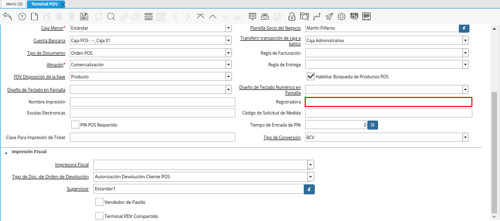 Campo Registradora de la Ventana Terminal PDV