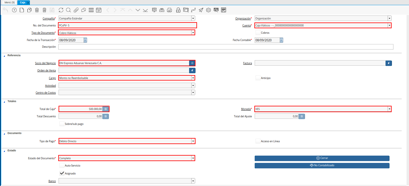 registro de caja por monto no reembolsable gasto mayor a viáticos