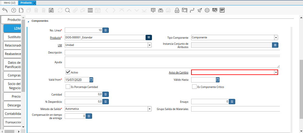Campo Aviso de Cambio de la Pestaña ldm del Producto Estándar para Producción