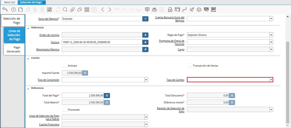 Campo Tasa de Cambio del Documento Orden de Pago desde Factura