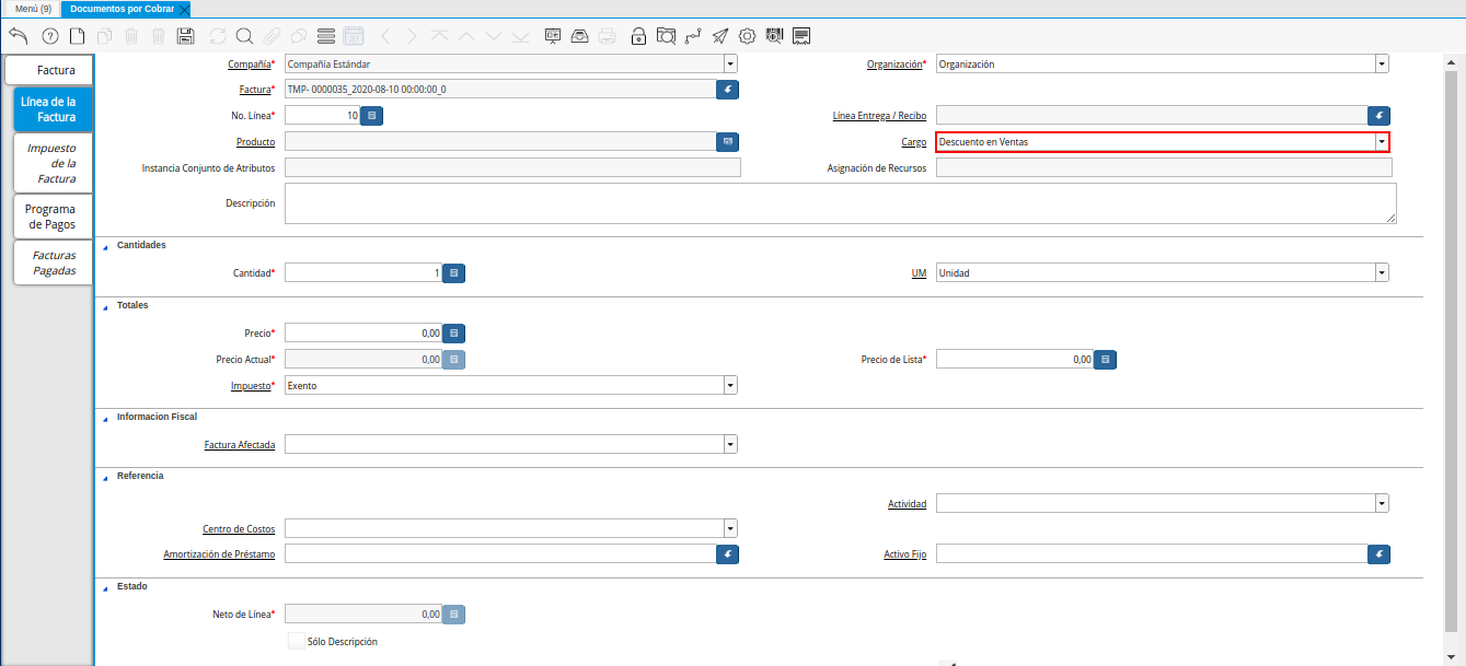 Campo Cargo de la Nota de Crédito de CxC