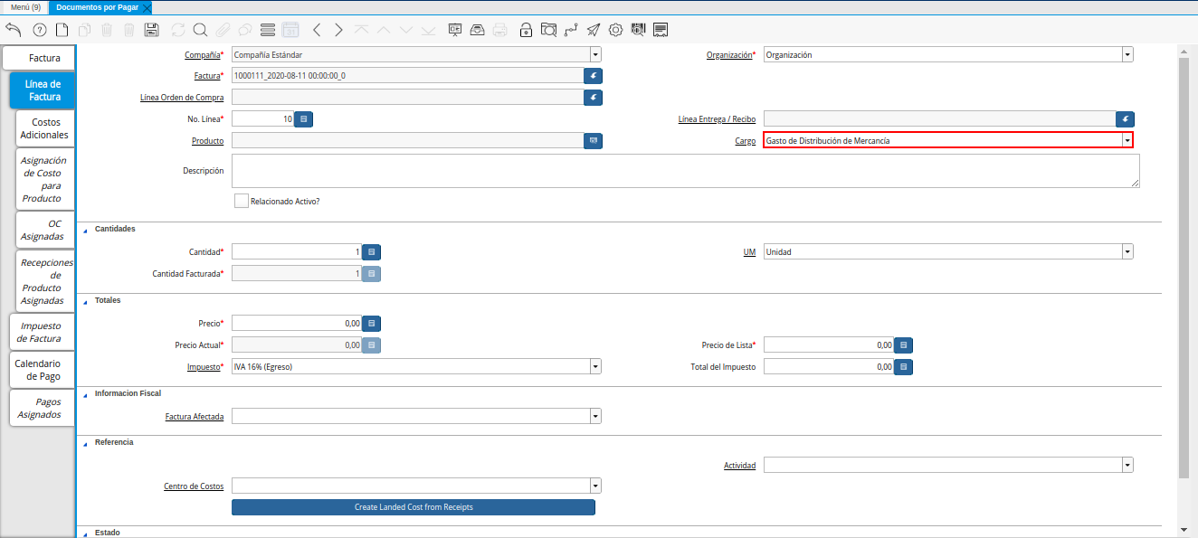 Campo Cargo de la Pestaña Línea de la Factura de la Nota de débito de CxP