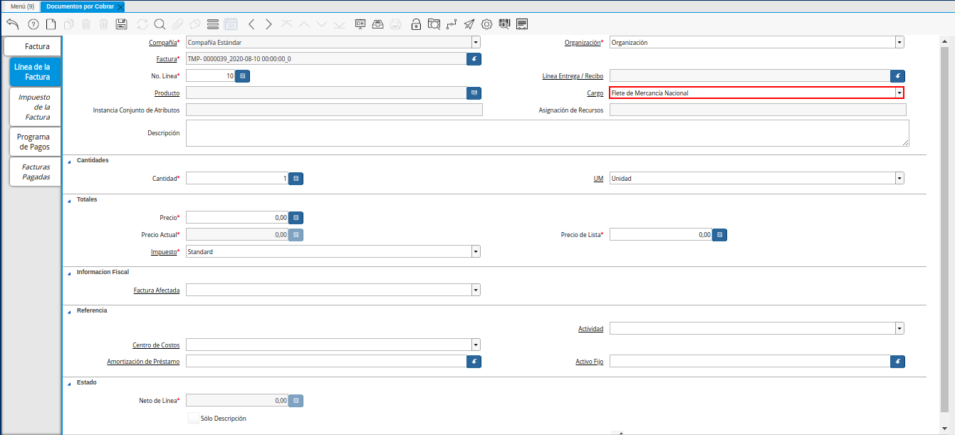 Campo Cargo de la Nota de Débito de CxC