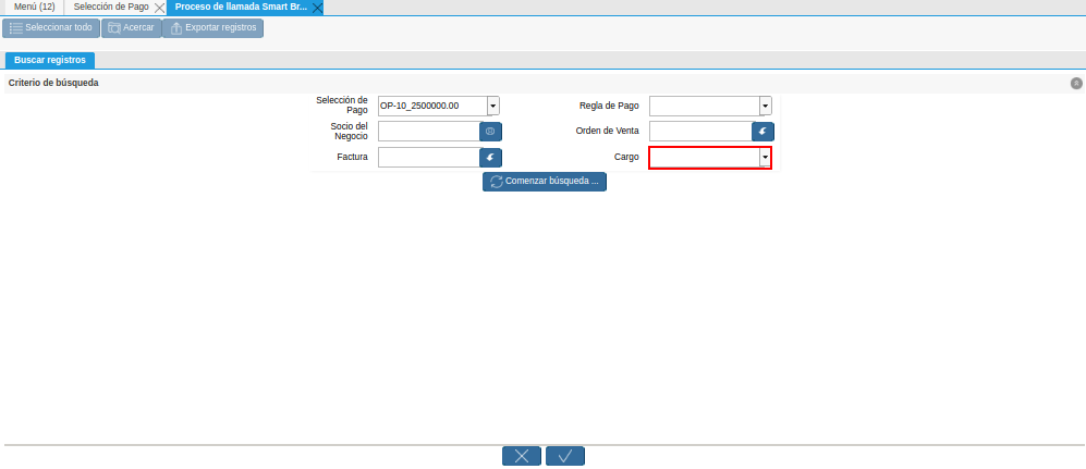 Campo Cargo de la Ventana de Búsqueda Inteligente del Proceso Crear desde la Selección de Pago