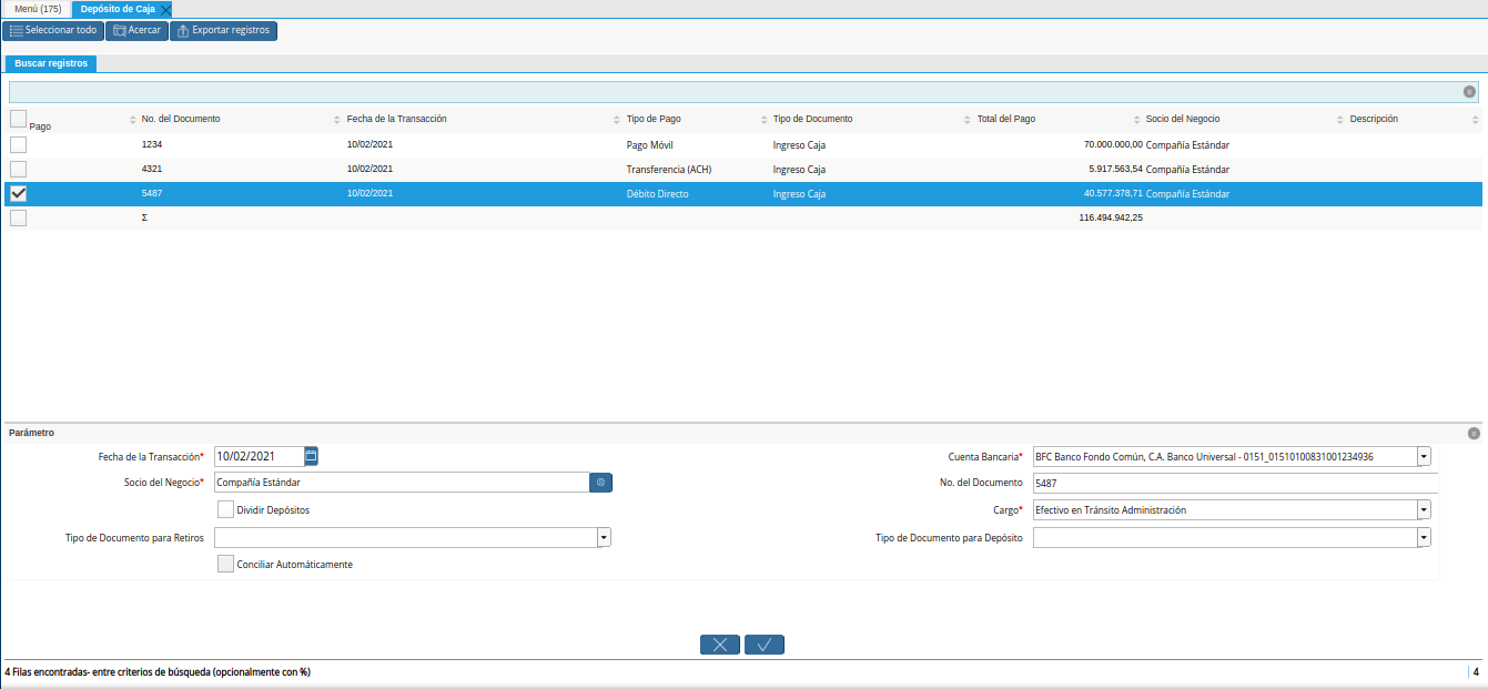 check conciliar automáticamente del depósito de caja