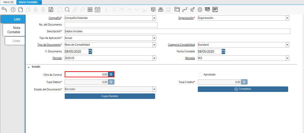 Campo Cifra de Control de la Pestaña Lote Contable de la Ventana Diario Contable