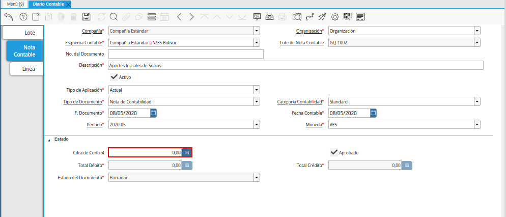 Campo Cifra de Control de la Pestaña Nota Contable de la Ventana Diario Contable