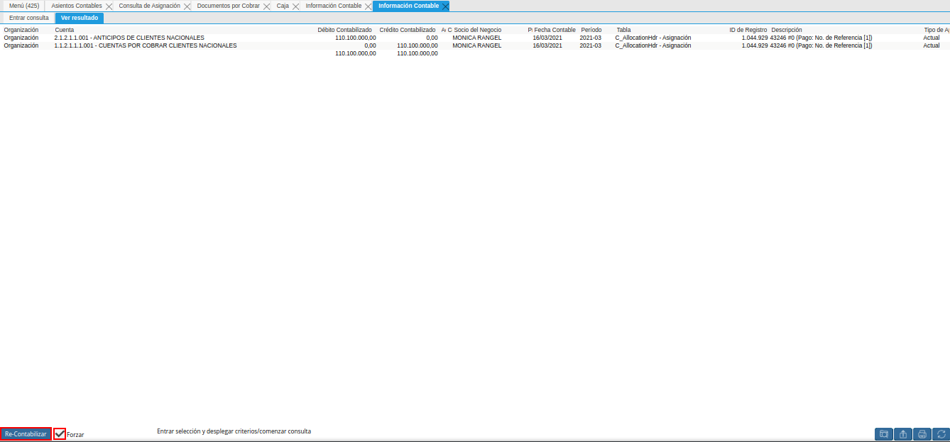 check forzar y opción re-contabilizar asignación