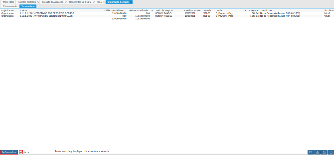 check forzar y opción re-contabilizar cobro