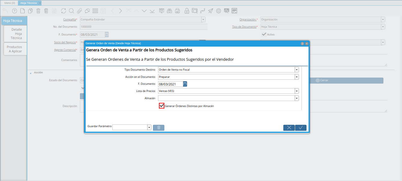 check generar órdenes distintas por almacén de la ventana generar orden de venta desde hoja técnica