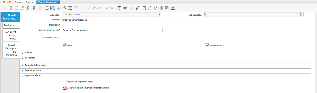 check en el tipo de documento orden de compra