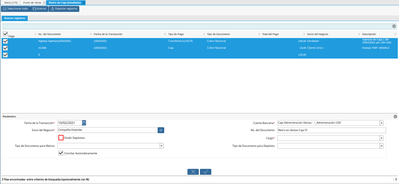 check dividir depósitos del retiro detallado