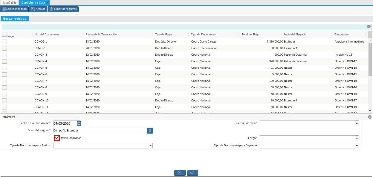 Checklist Dividir Depósitos Tildado