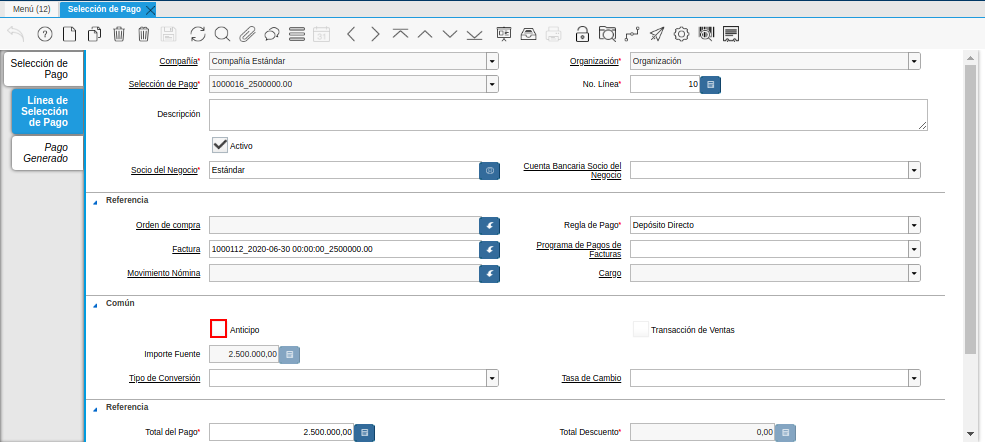 Checklist Anticipo del Documento Registro desde Selección de Pago