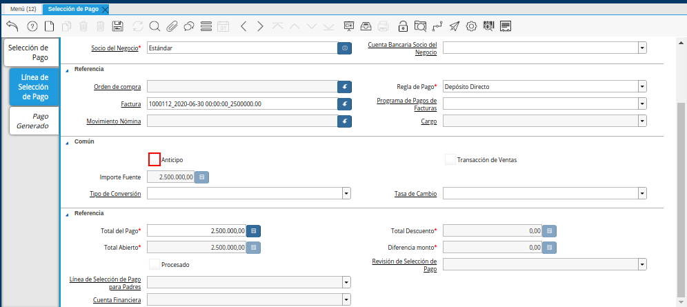 Checklist Anticipo del Documento Orden de Pago desde Factura