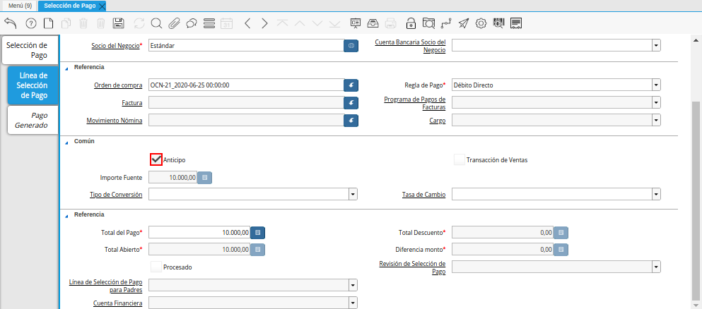 Checklist Anticipo del Documento Orden de Pago desde Orden