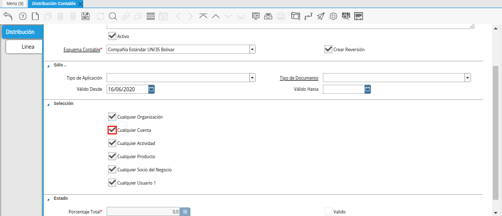 Checklist Cualquier Cuenta de la Ventana Distribución Contable