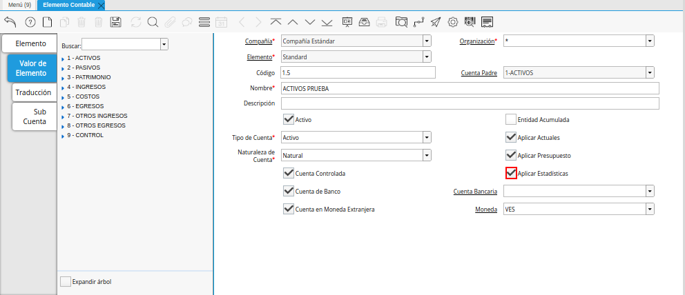 Checklist Aplicar Estadística de la Pestaña Valor de Elemento de la Ventana Elemento Contable