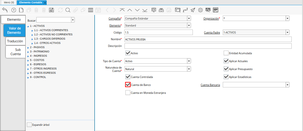Checklist Cuenta de Banco de la Pestaña Valor de Elemento de la Ventana Elemento Contable