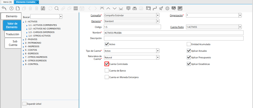 Checklist Cuenta Controlada de la Pestaña Valor de Elemento de la Ventana Elemento Contable
