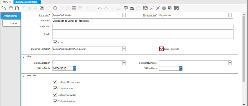 Checklist Crear Reversión de la Ventana Distribución Contable