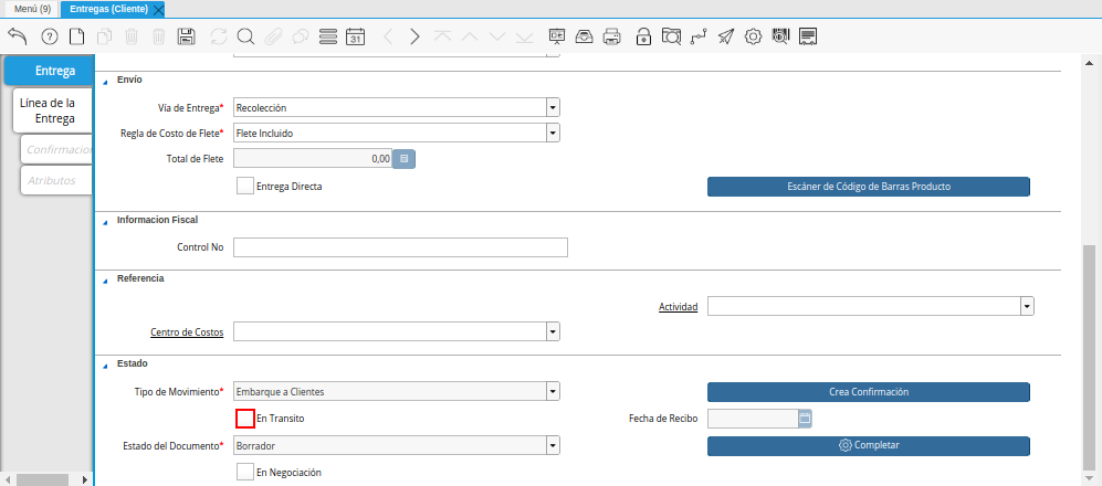 Checklist En Transito de la Ventana Entregas Cliente
