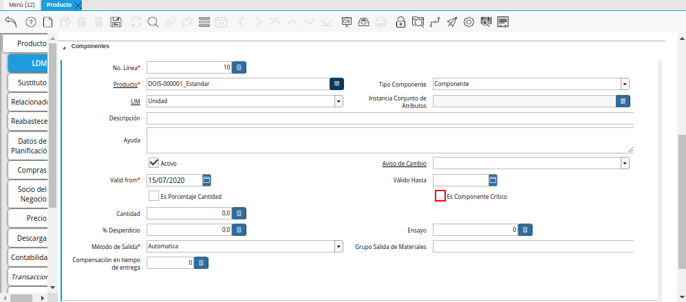 Checklist Es Componente Crítico de la Pestaña ldm del Producto Estándar para Producción