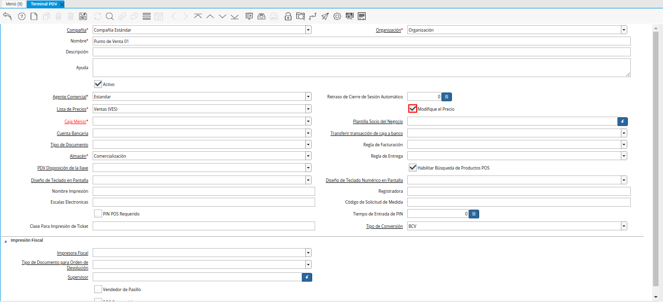 Checklist Modifique el Precio de la Ventana Terminal PDV