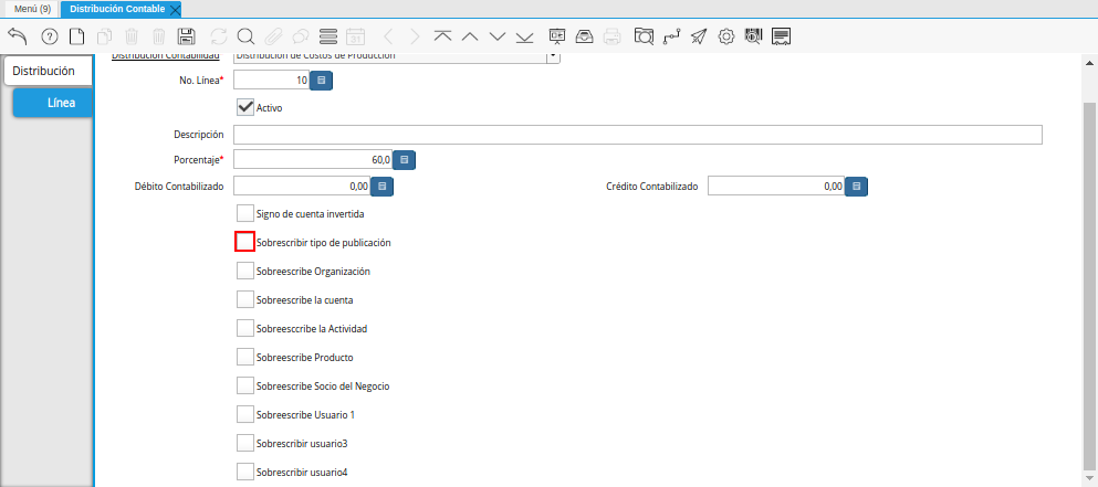Checklist Sobrescribir Tipo de Publicación de la Pestaña Línea de la Ventana Distribución Contable