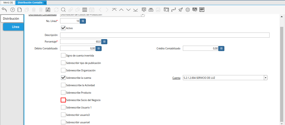 Checklist Sobreescribe Socio del Negocio de la Pestaña Línea de la Ventana Distribución Contable