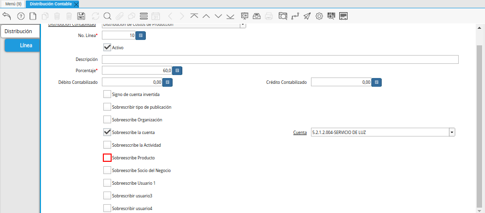 Checklist Sobreescribe Producto de la Pestaña Línea de la Ventana Distribución Contable