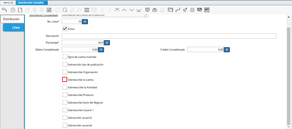 Checklist Sobreescribe la Cuenta de la Pestaña Línea de la Ventana Distribución Contable