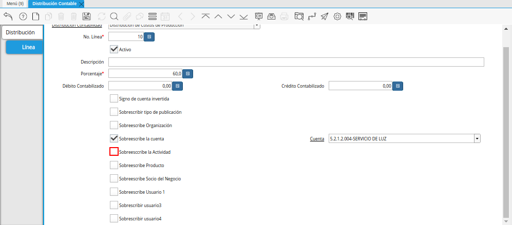 Checklist Sobreescribe la Actividad de la Pestaña Línea de la Ventana Distribución Contable