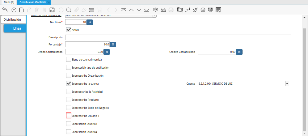 Checklist Sobreescribe Usuario 1 de la Pestaña Línea de la Ventana Distribución Contable
