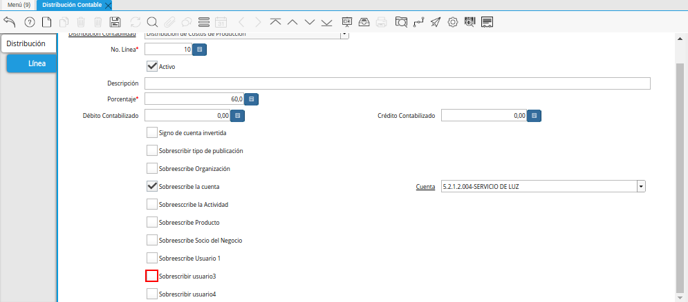 Checklist Sobreescribe Usuario 3 de la Pestaña Línea de la Ventana Distribución Contable