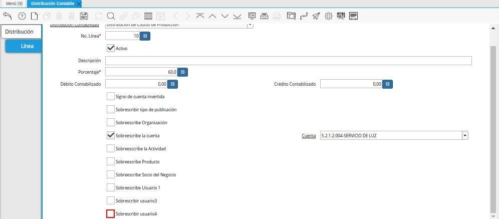 Checklist Sobreescribe Usuario 4 de la Pestaña Línea de la Ventana Distribución Contable