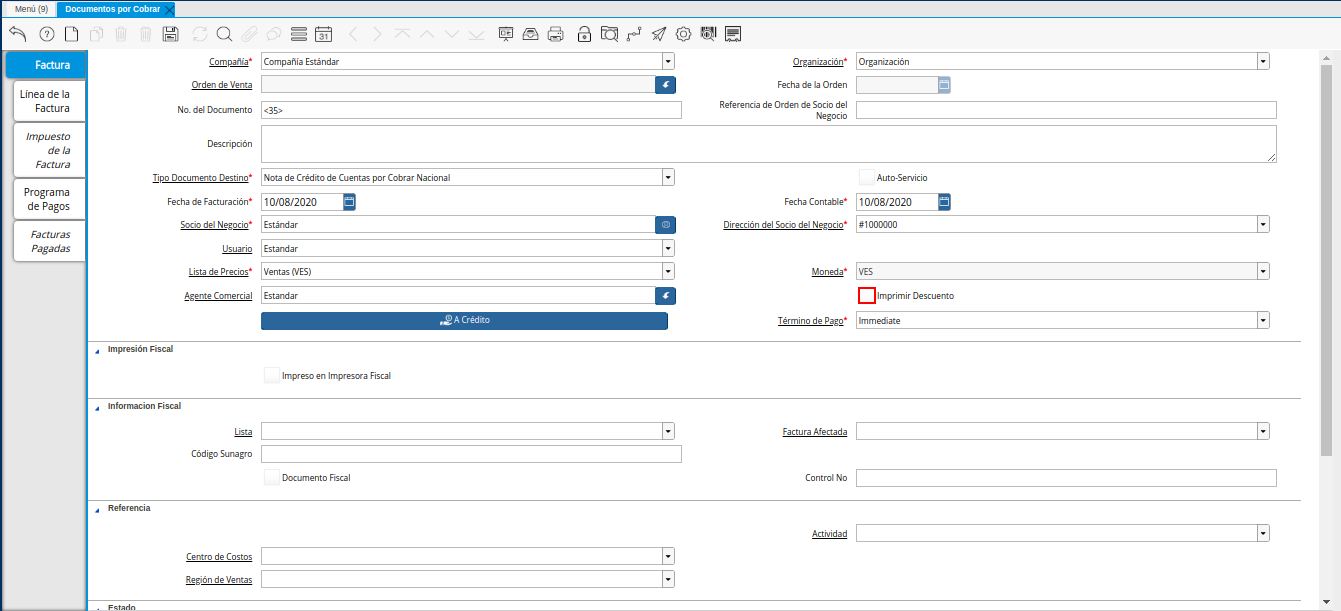 Checklist Imprimir Descuento de la Nota de Crédito de CxC