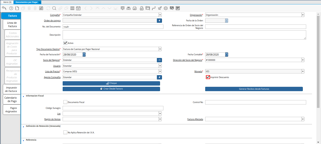 Checklist Imprimir Descuento de la Ventana Documentos por Pagar desde Orden de Compra