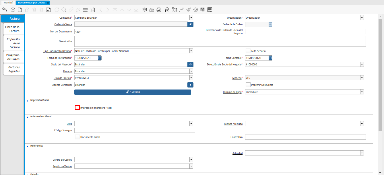Checklist Impreso en Impresora Fiscal de la Nota de Crédito de CxC