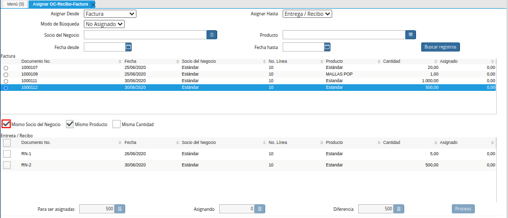 Checklist Mismo Socio del Negocio de la Ventana Asignar OC Recepción Factura