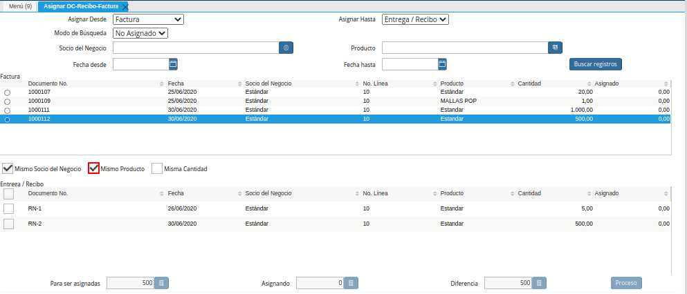 Checklist Mismo Producto de la Ventana Asignar OC Recepción Factura